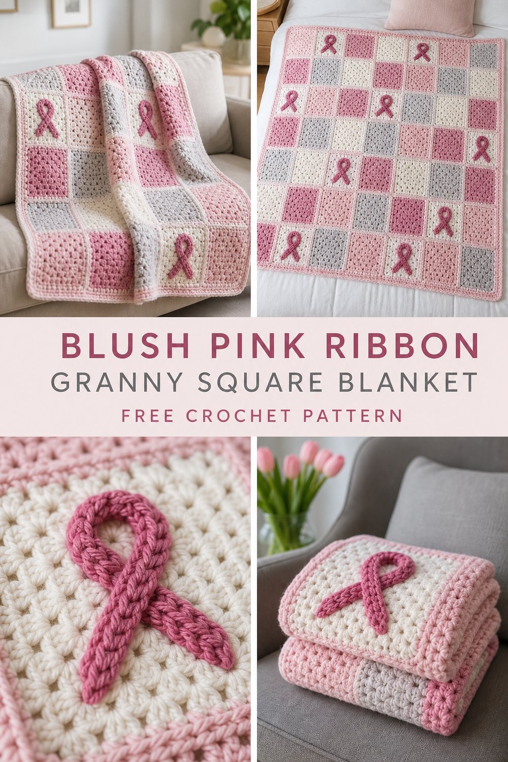 Blush Pink Ribbon Granny Square Blanket Free Crochet Pattern
