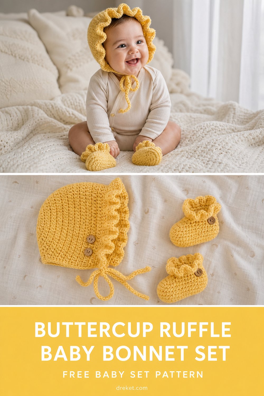 Buttercup Yellow Ruffle Baby Bonnet Set Free Crochet Pattern