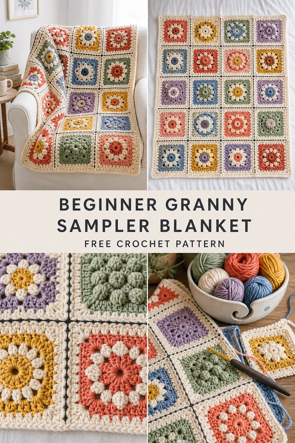 Colorful Beginner Granny Square Sampler Blanket Free Crochet Pattern