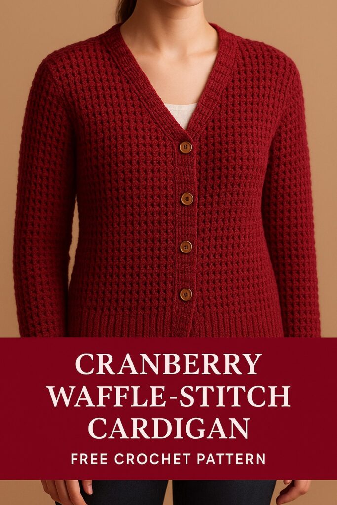 Cranberry Waffle-Stitch Button Cardigan Free Crochet Pattern