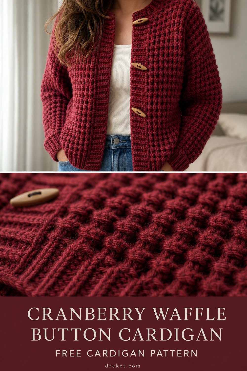 Cranberry Waffle-Stitch Button Cardigan Free Crochet Pattern