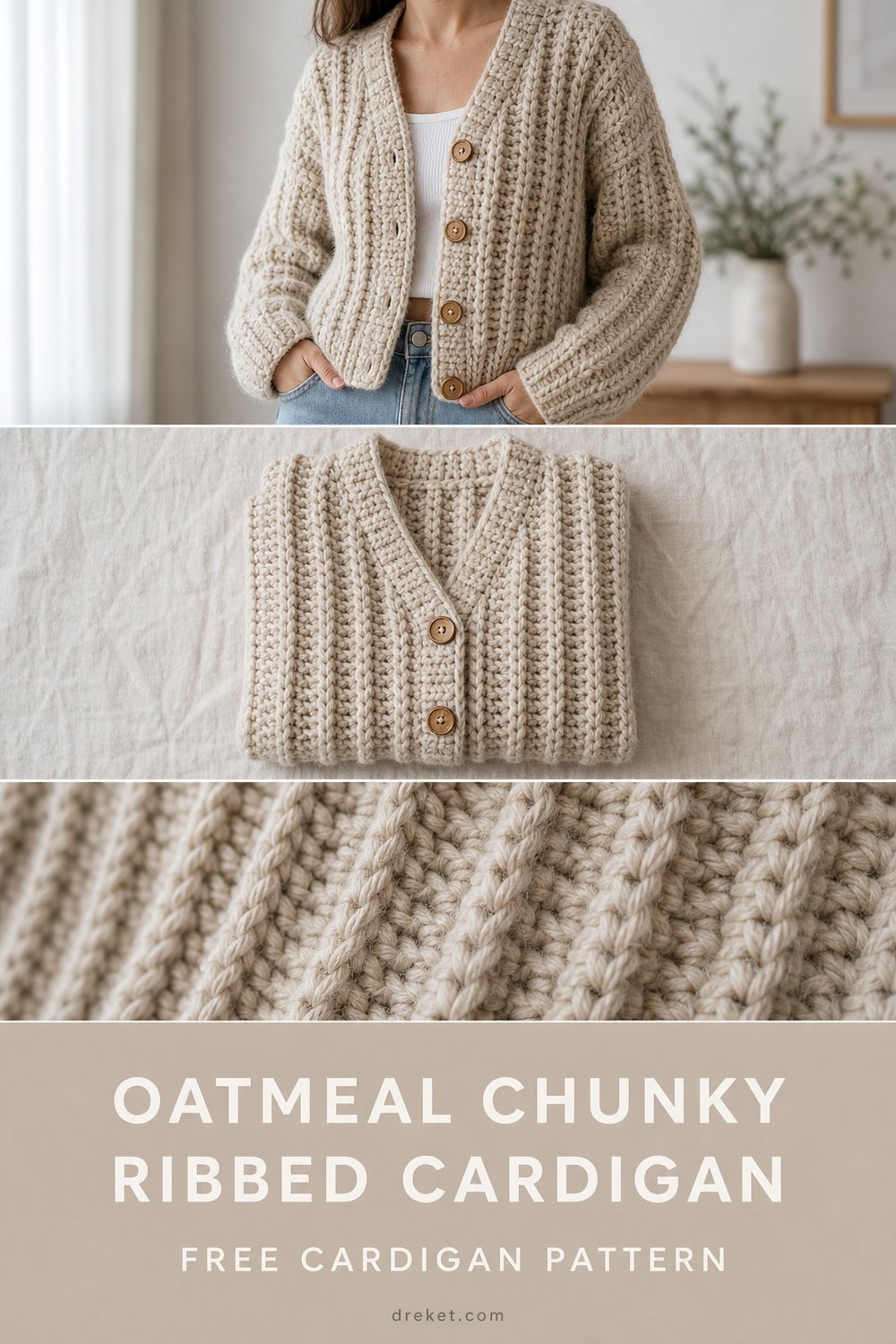 Oatmeal Chunky Ribbed Button Cardigan Free Crochet Pattern