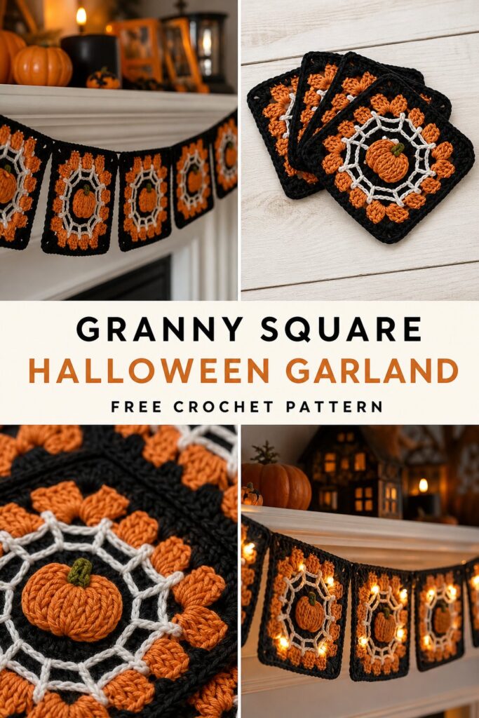 Orange and Black Granny Square Garland Free Crochet Pattern