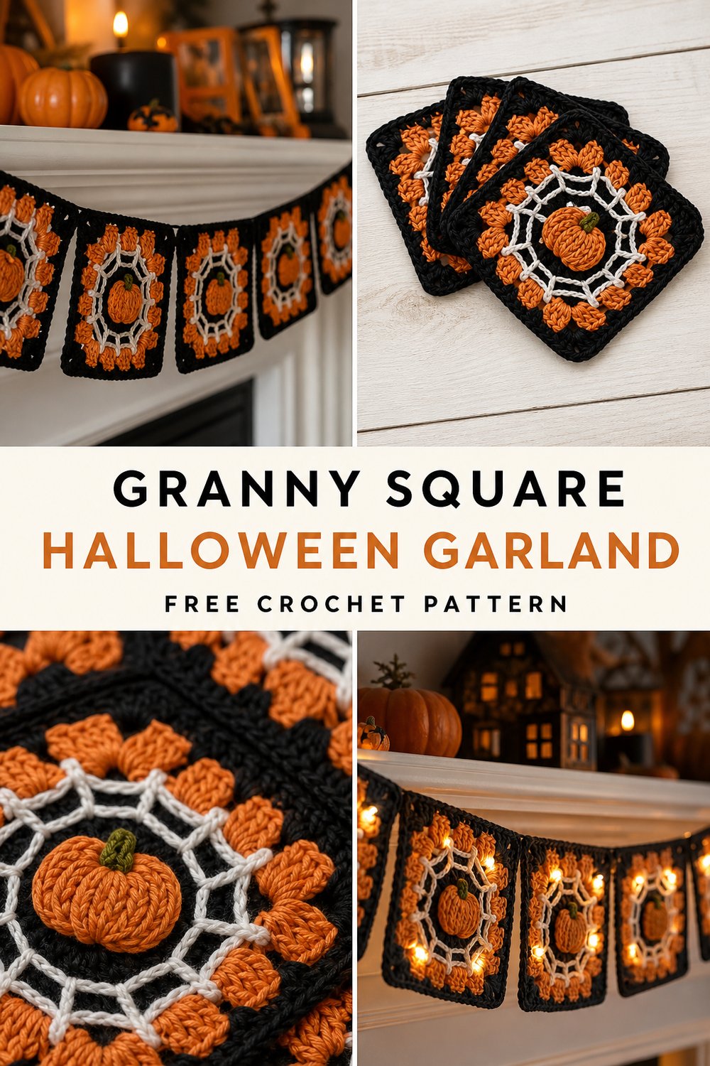 Orange and Black Granny Square Garland Free Crochet Pattern