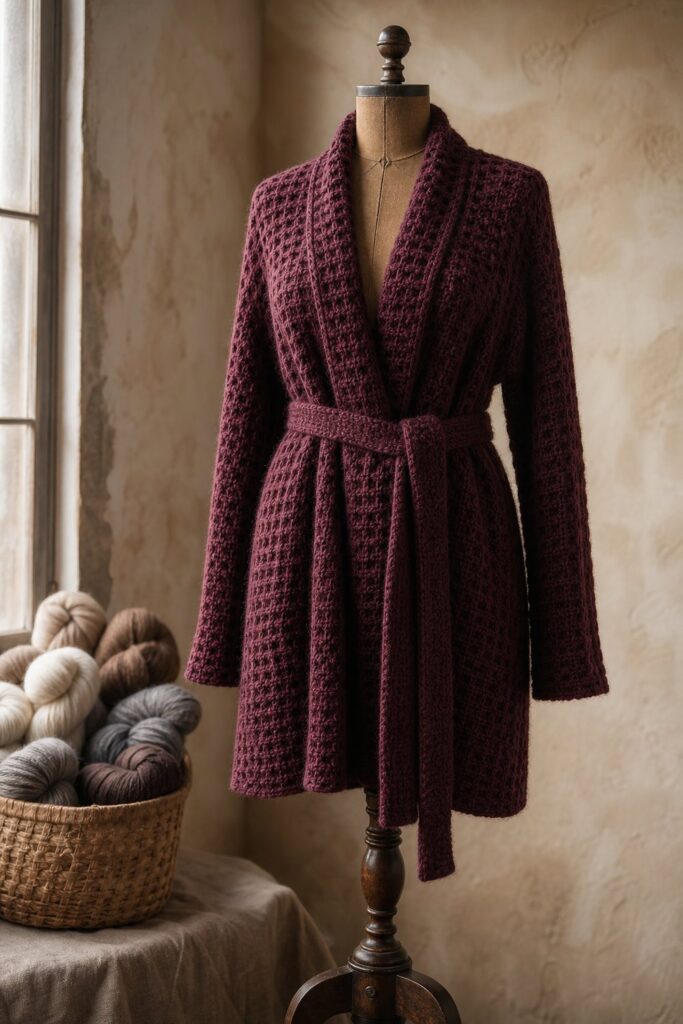 Rich Burgundy Waffle Wrap Cardigan Free Crochet Pattern