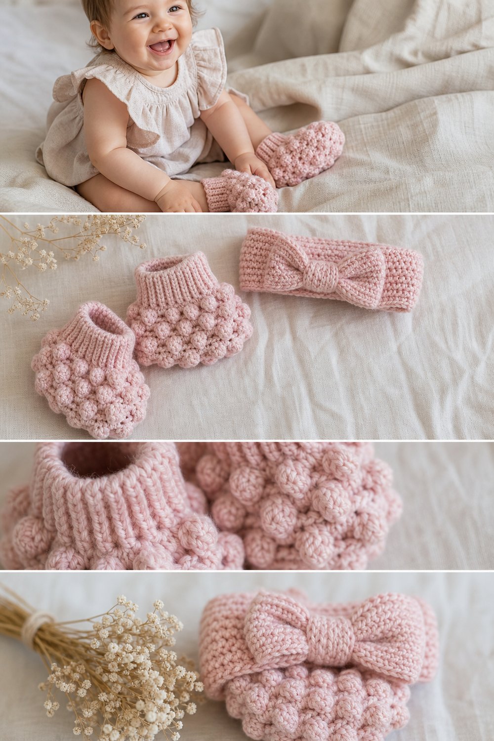 Soft Blush Bobble Baby Booties Set Free Crochet Pattern