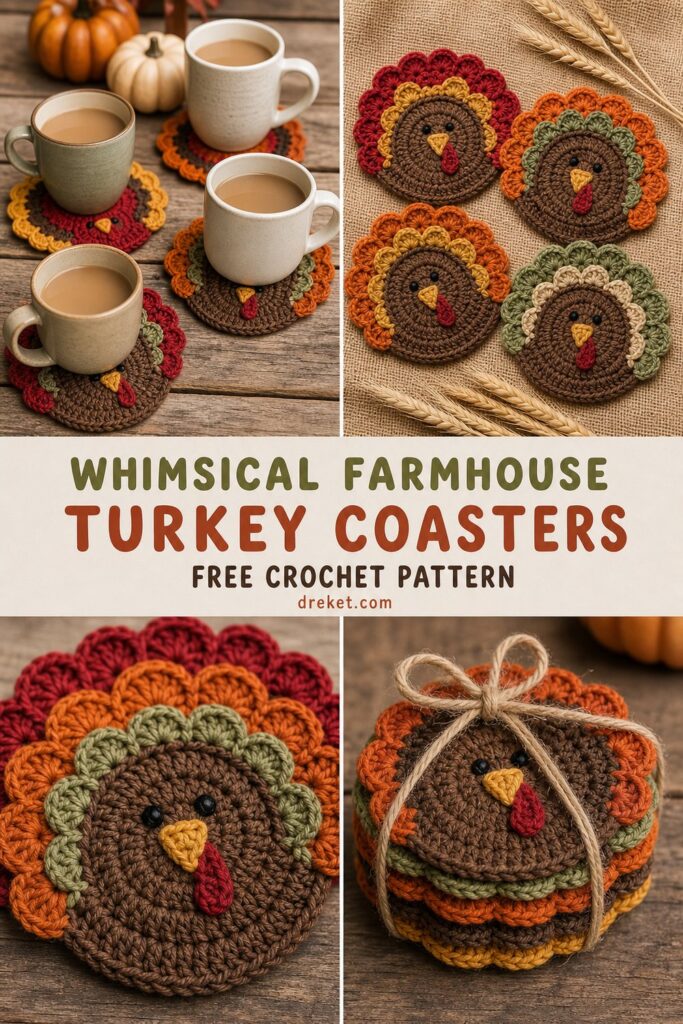 Whimsical Farmhouse Turkey Coaster Set Free Crochet Pattern