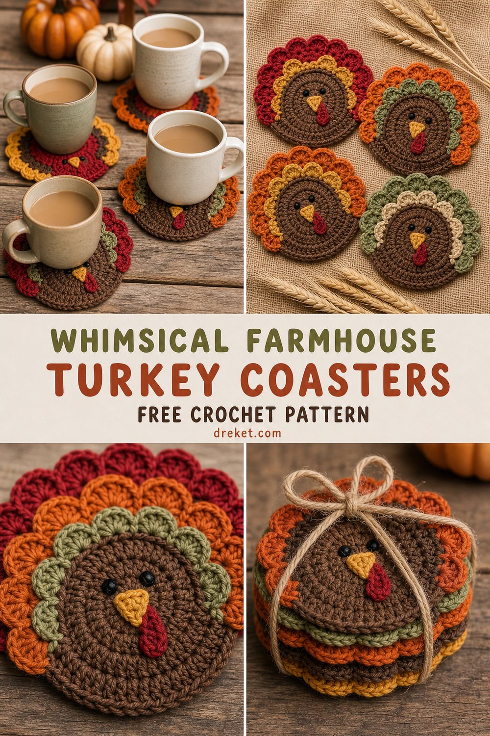 Whimsical Farmhouse Turkey Coaster Set Free Crochet Pattern