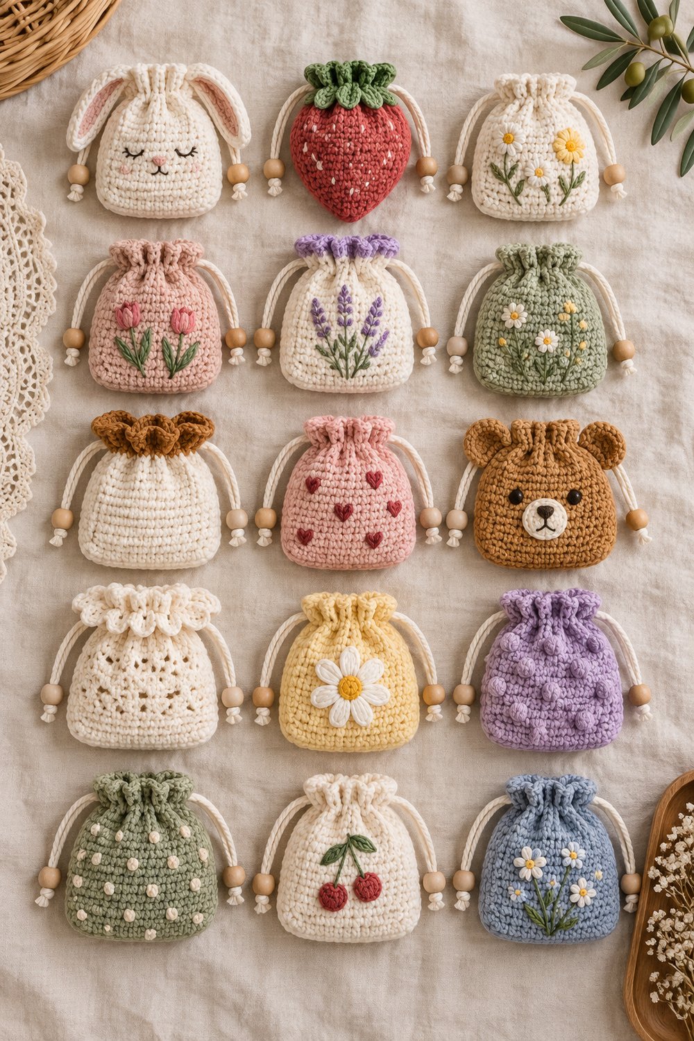 15 Crochet Drawstring Pouch Ideas | Cute Mini Gift Bags with Embroidery