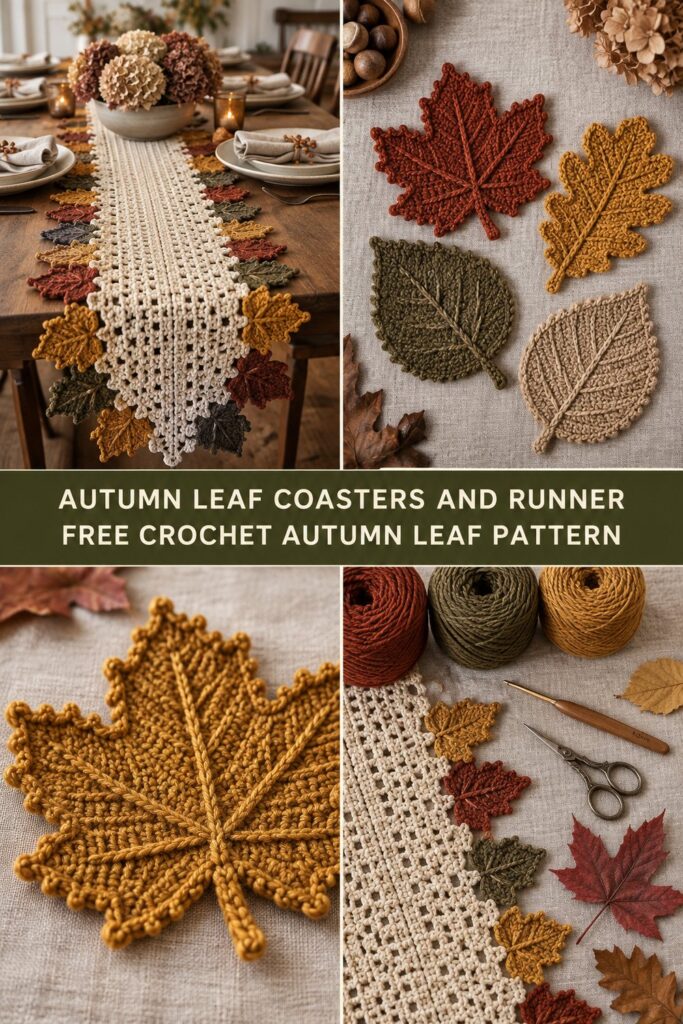 Autumn Leaf Crochet Coasters & Table Runner Free Ideas