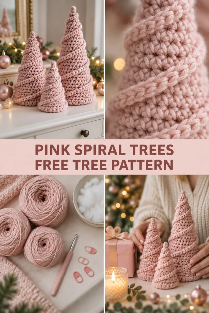 Blush Pink Spiral Crochet Christmas Tree Trio Free Pattern