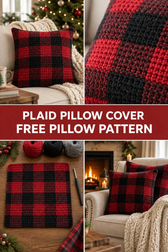 Buffalo Plaid Crochet Christmas Pillow Cover Free Pattern