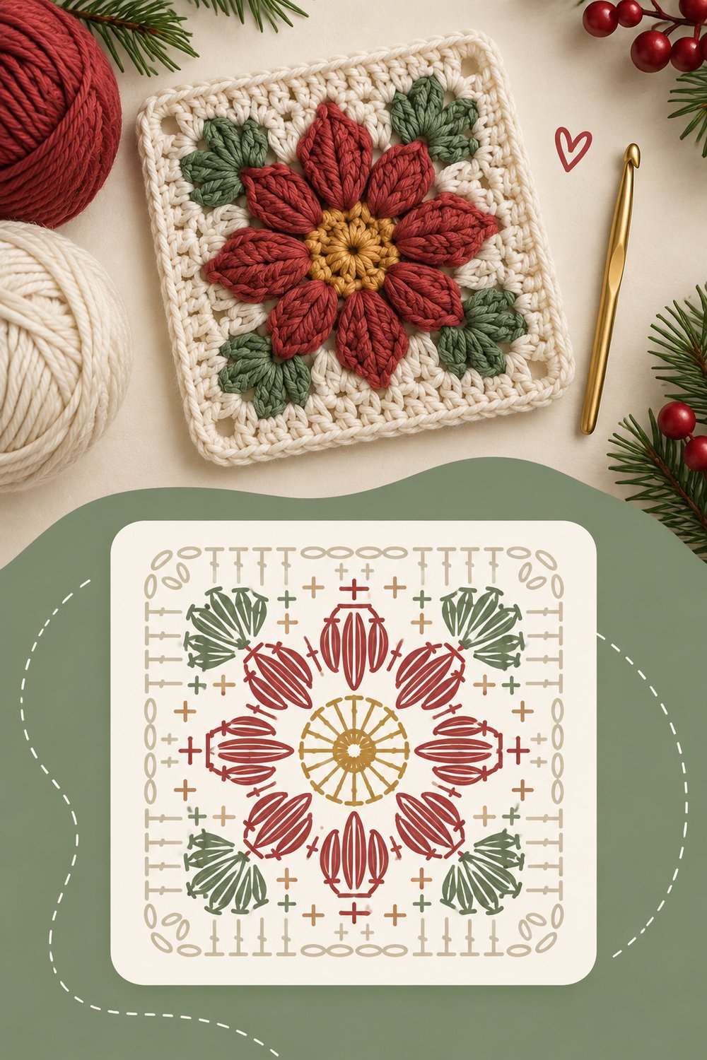 Christmas Poinsettia Granny Square Pattern | Easy Crochet Chart Tutorial