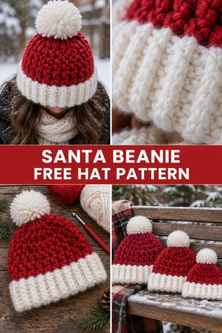 Chunky Pom Pom Santa Crochet Beanie Free Christmas Pattern