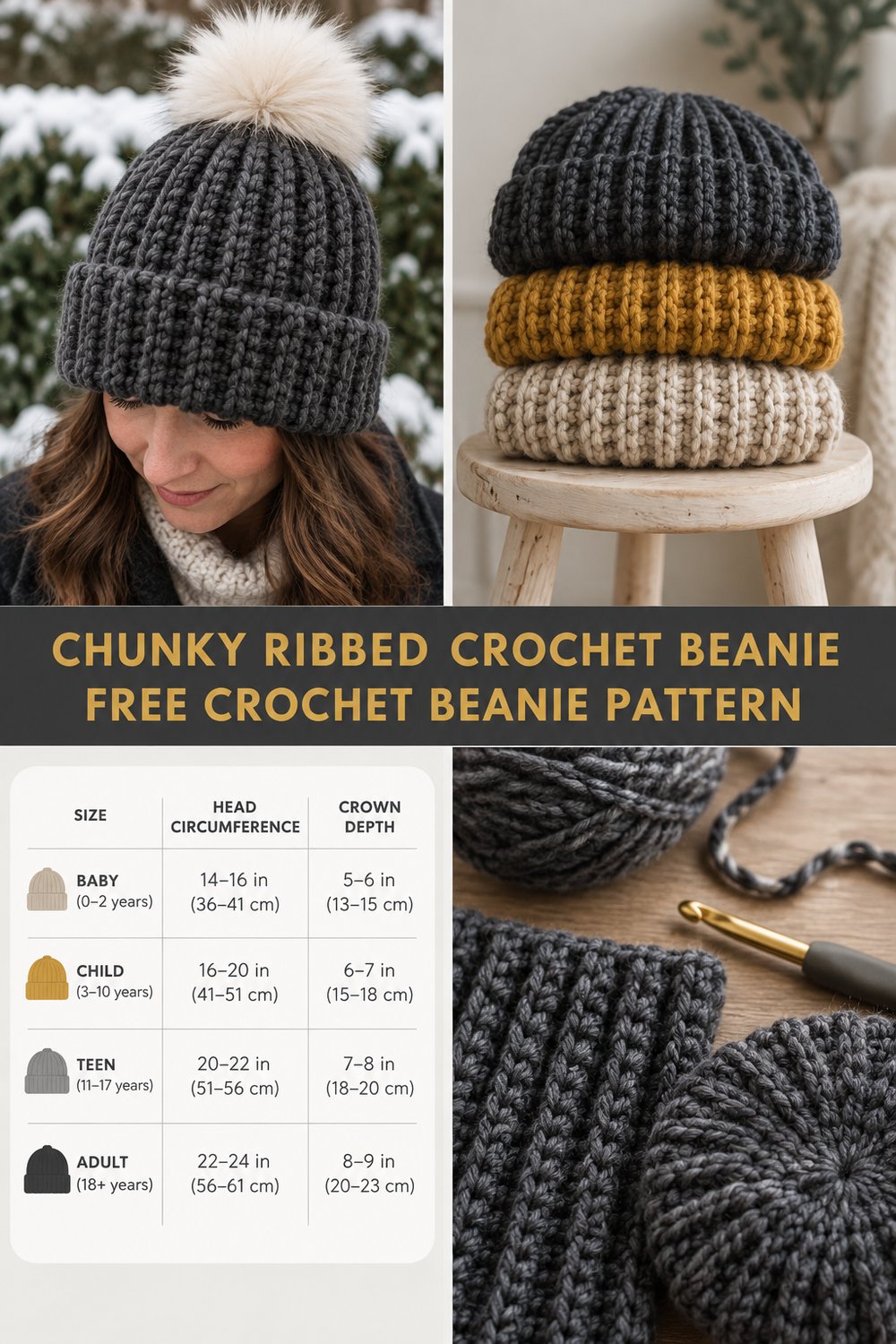 Chunky Ribbed Crochet Beanie Free Size Guide