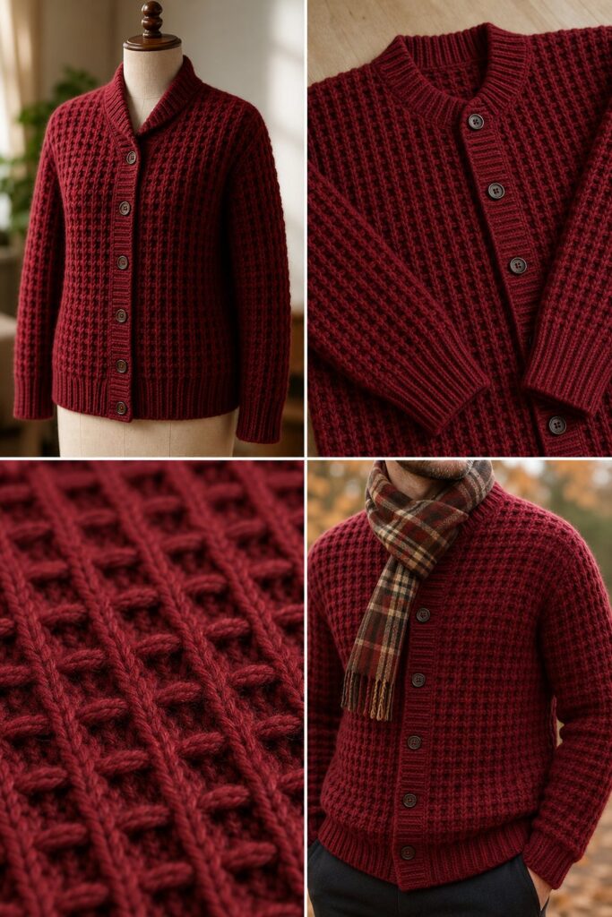 Cranberry-Cardigan mit Waffelmuster – kostenlose Häkelanleitung