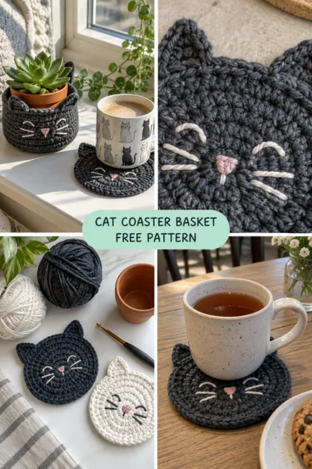 Cute Crochet Cat Coaster – Free Pattern (Folds Into a Plant Basket)