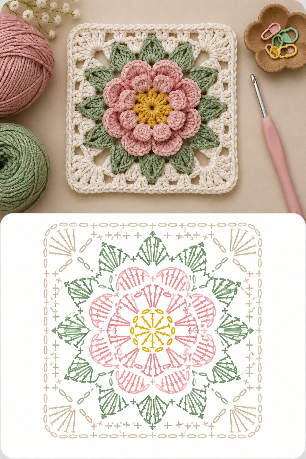Easy 3D Flower Granny Square Pattern with Color Chart