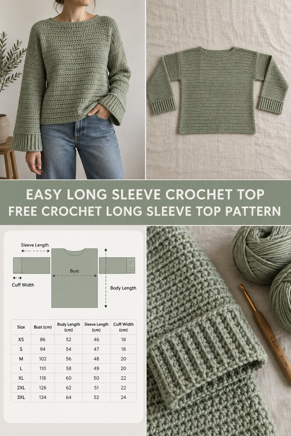 Easy Crochet Long Sleeve Top Free Pattern for Beginners