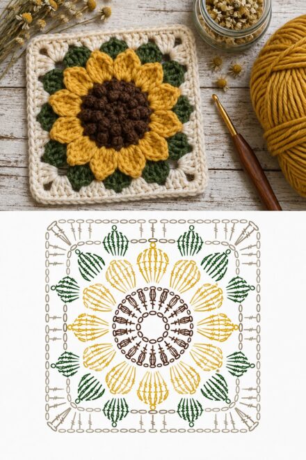 Easy Sunflower Granny Square Pattern with Free Stitch Diagram