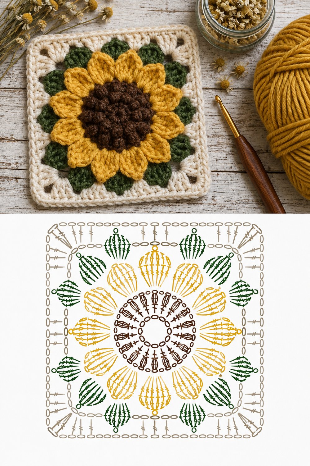 Easy Sunflower Granny Square Pattern with Free Stitch Diagram