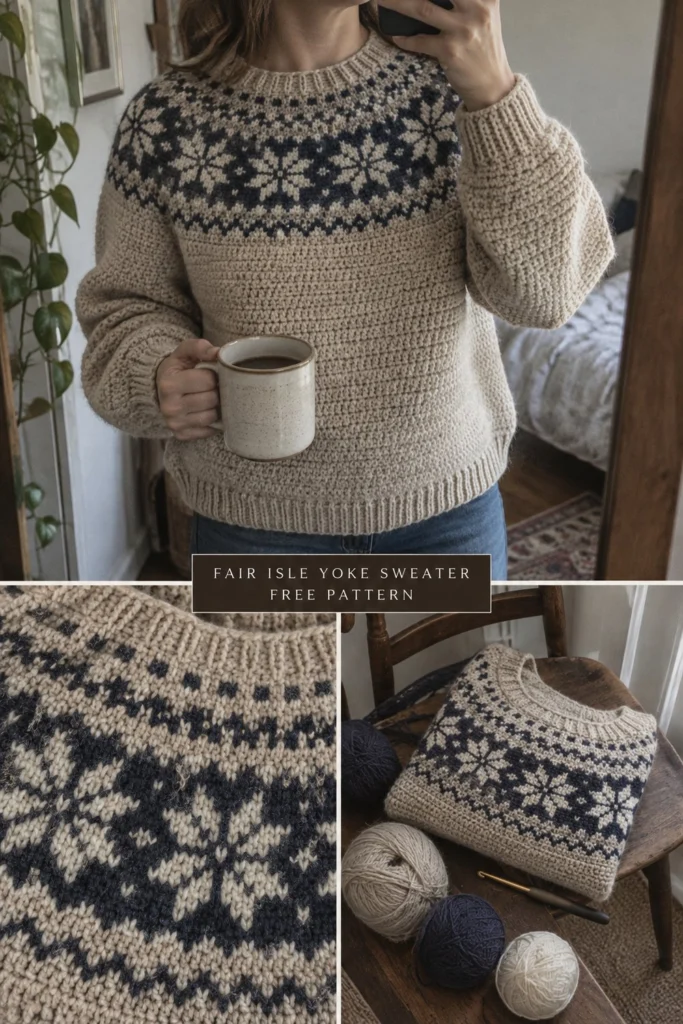 Free Crochet Fair Isle Yoke Sweater Pattern: Snowflake Colorwork Made Easy
