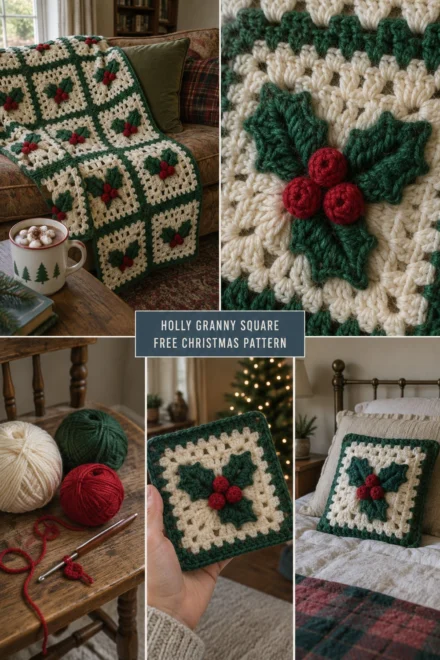 Free Crochet Holly Granny Square Pattern: Christmas Blanket Motif