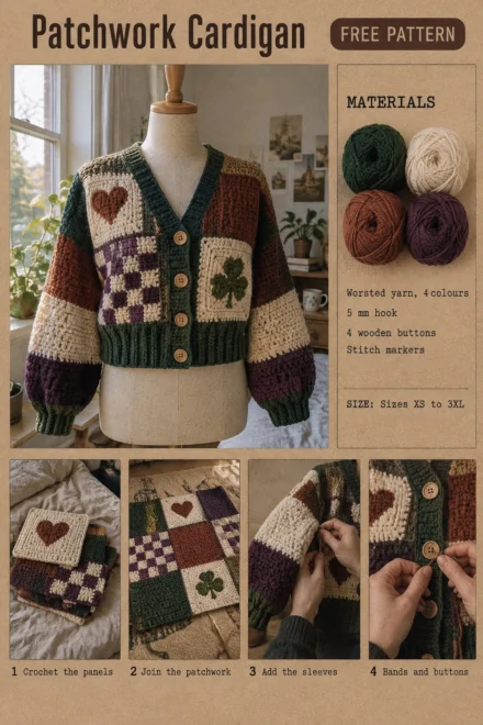 Free Crochet Patchwork Cardigan Pattern: Heart, Checkerboard and Clover Panels