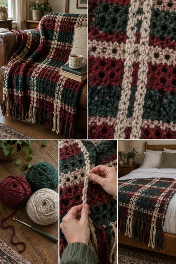 Free Crochet Plaid Blanket Pattern: Tartan Look With Woven Stripes