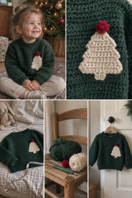 Free Crochet Toddler Christmas Sweater Pattern: Tree Pocket, Sizes 1-5