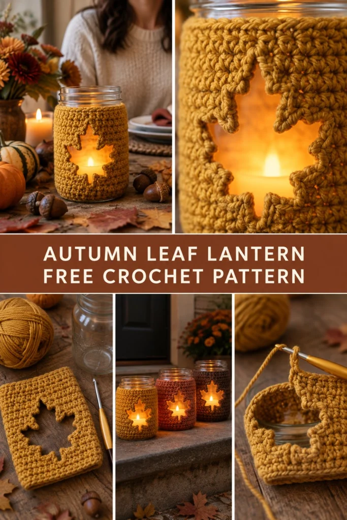 Glowing Autumn Leaf Crochet Jar Lantern Free Thanksgiving Pattern