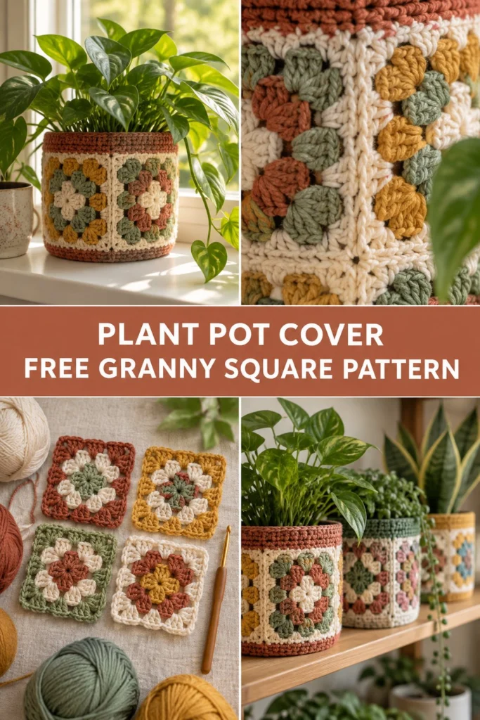 Granny Square Crochet Plant Pot Cover Free Pattern