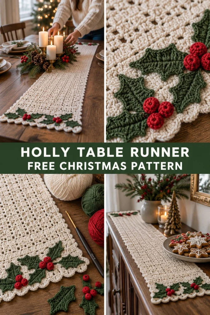 Holly Leaf Crochet Table Runner Free Christmas Pattern