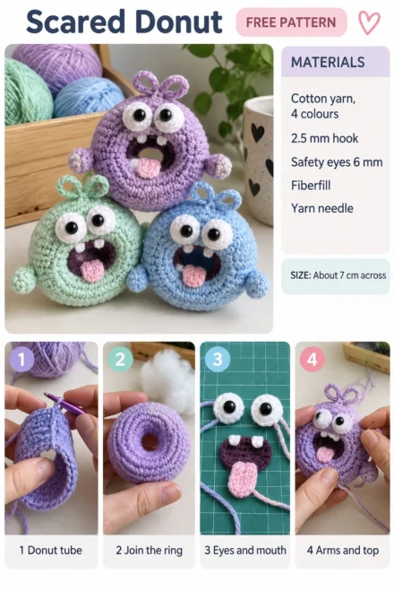 Mini Crochet Donut Monster Amigurumi – Free Pattern (Scared Face)