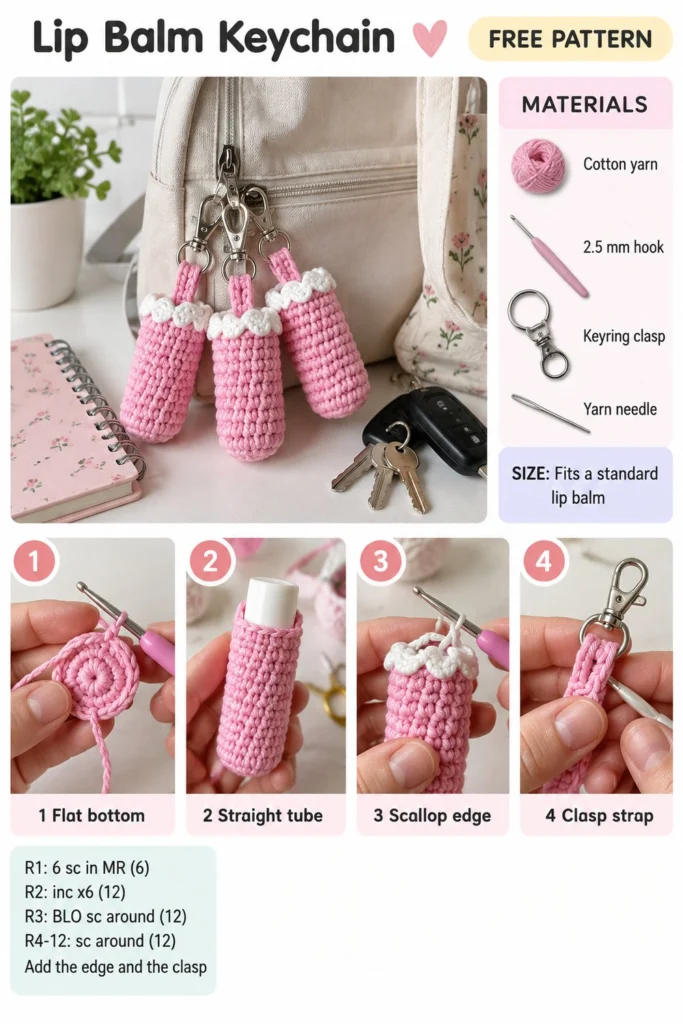 Mini Crochet Lip Balm Holder Keychain – Free Stocking Stuffer Pattern