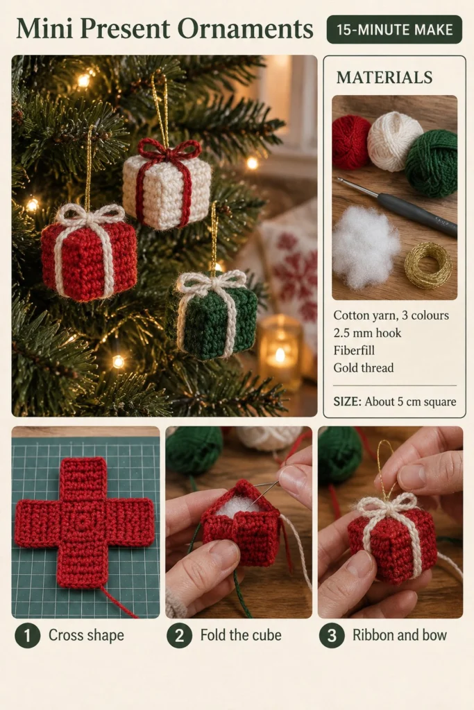 Mini Crochet Wrapped Present Ornaments Free Pattern (Scrap Yarn)