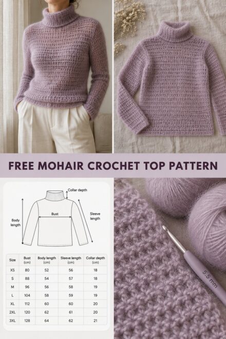 Mohair Crochet Turtleneck Top Free Size Chart