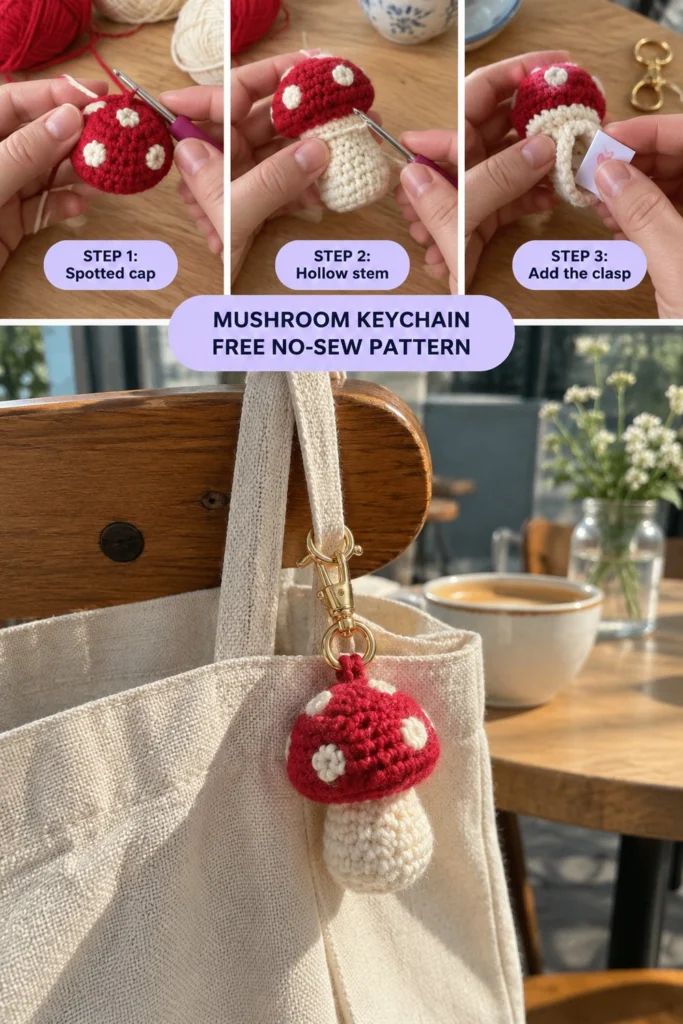 No-Sew Crochet Mushroom Keychain – Free Pattern (Hidden Stash Pocket)