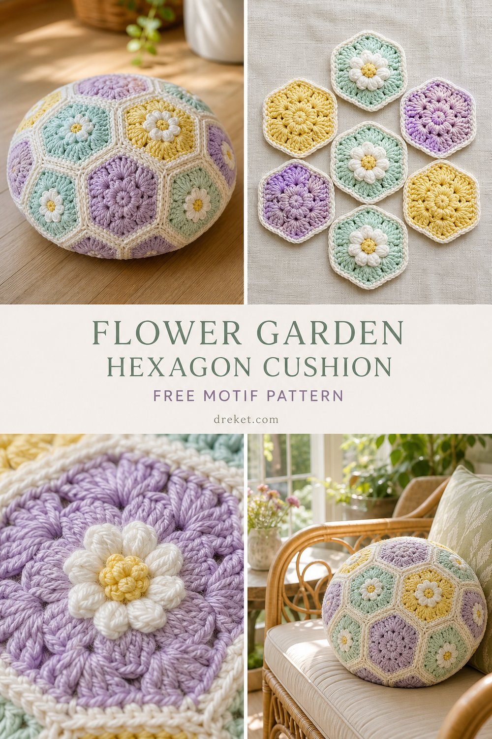 Pastel Hexagon Flower Garden Cushion Free Motif Pattern