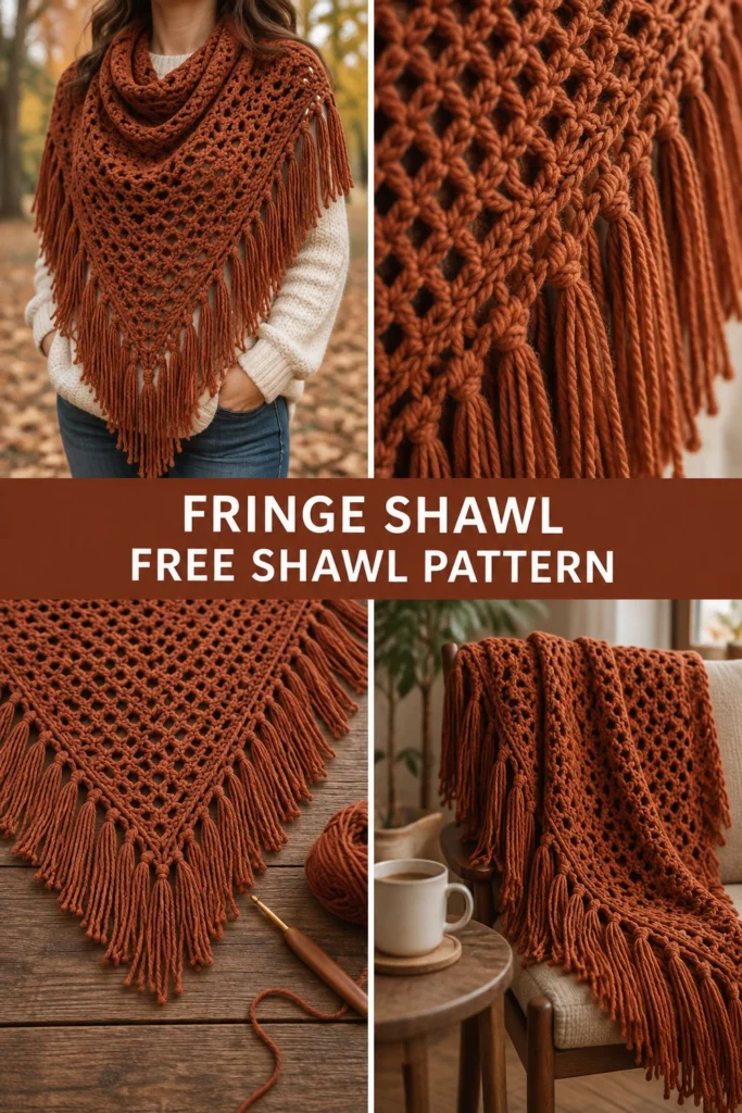 Rust Orange Crochet Fringe Shawl Free Fall Pattern