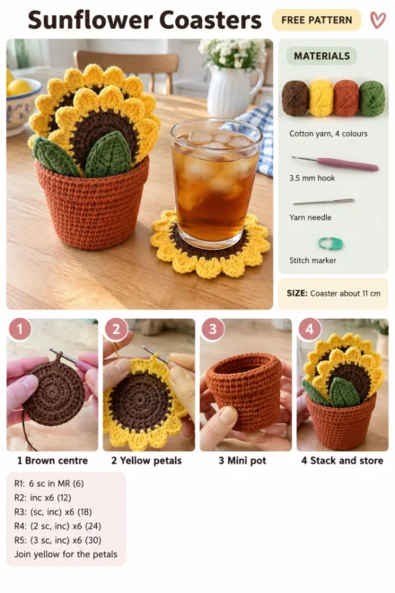 Scrap Yarn Crochet Sunflower Coasters – Free Pattern (Flower Pot Holder)