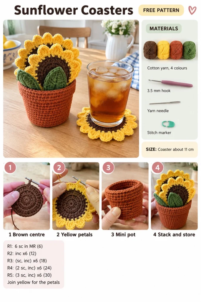 Scrap Yarn Crochet Sunflower Coasters – Free Pattern (Flower Pot Holder)
