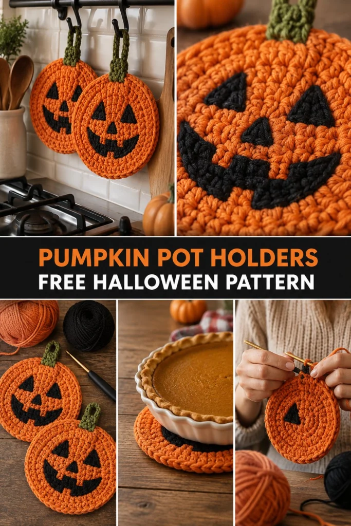 Spooky Pumpkin Face Crochet Pot Holders Free Halloween Pattern