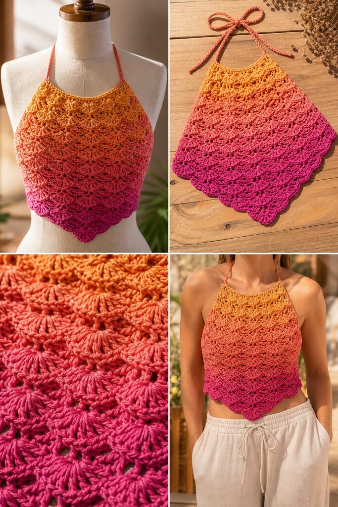 Neckholder-Top mit Muschelmuster im Sonnenuntergang-Farbverlauf – kostenlose Anleitung