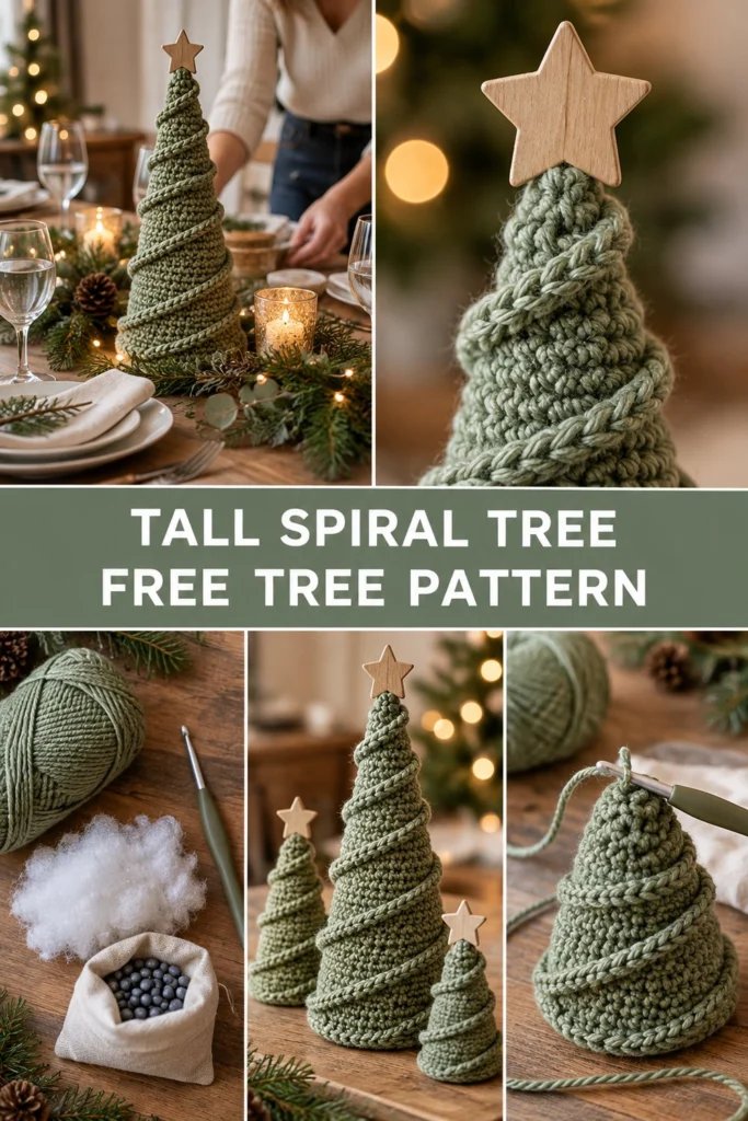 Hoher spiralförmiger Häkel-Weihnachtsbaum als Tischdeko Kostenlose Anleitung