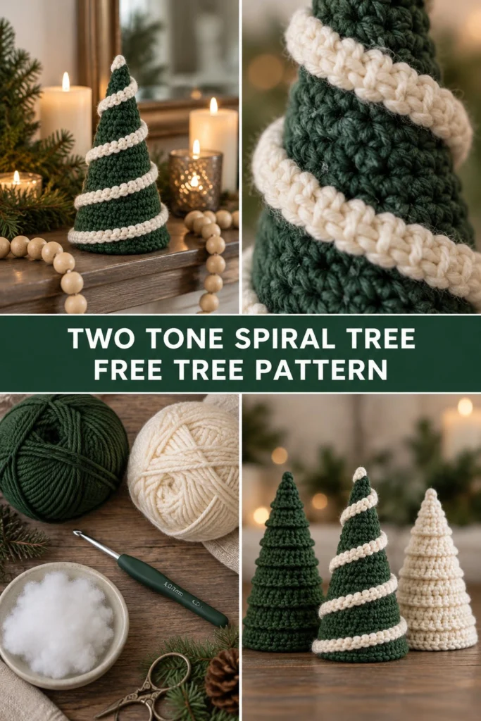 Kostenlose Häkelanleitung für zweifarbigen, gestreiften Spiral-Weihnachtsbaum