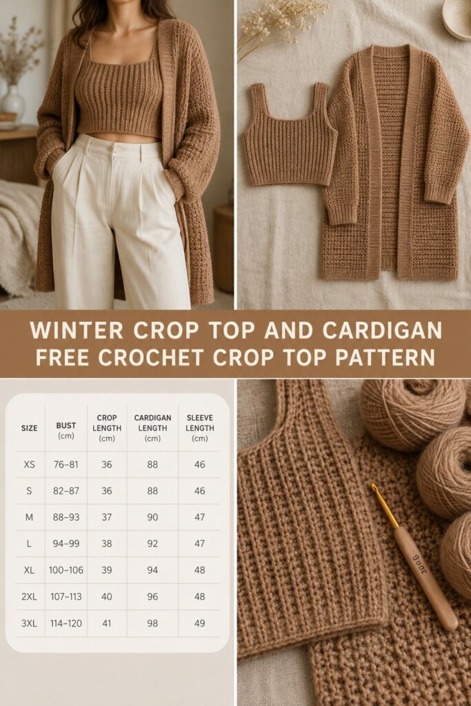 Kostenlose Größentabelle für das Winter-Häkel-Crop-Top & Cardigan